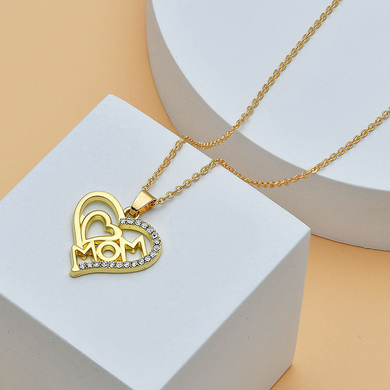 Mom Heart Shape With Diamond Letter Necklace