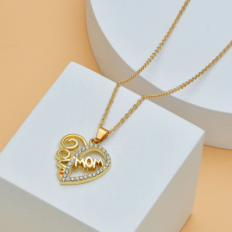 Mom Heart Shape With Diamond Letter Necklace