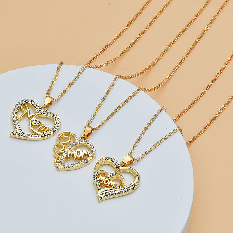 Mom Heart Shape With Diamond Letter Necklace