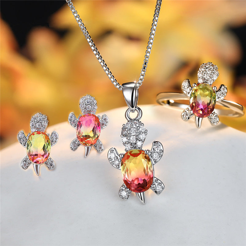 Turtle Shape Rainbow Zircon Pendant Necklace