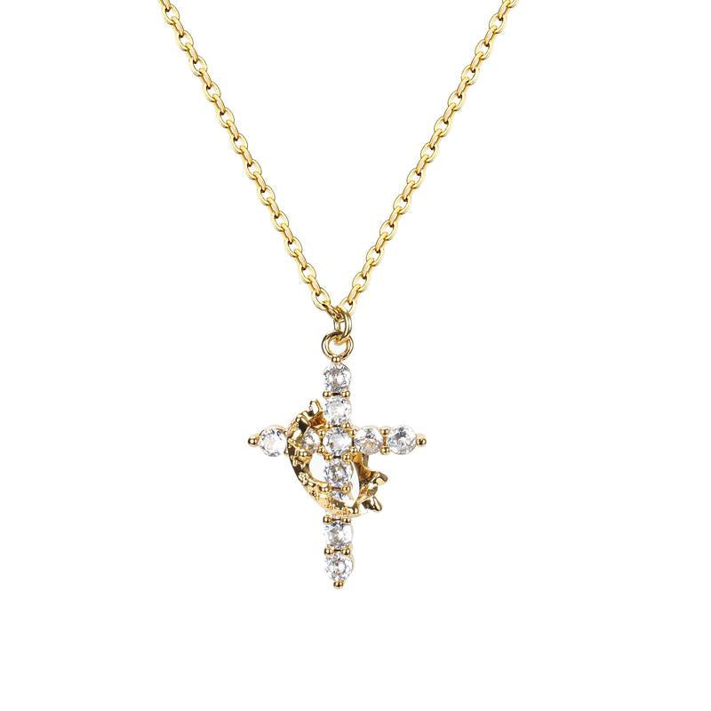 Rhinestone Crown & Cross Pendant Necklace