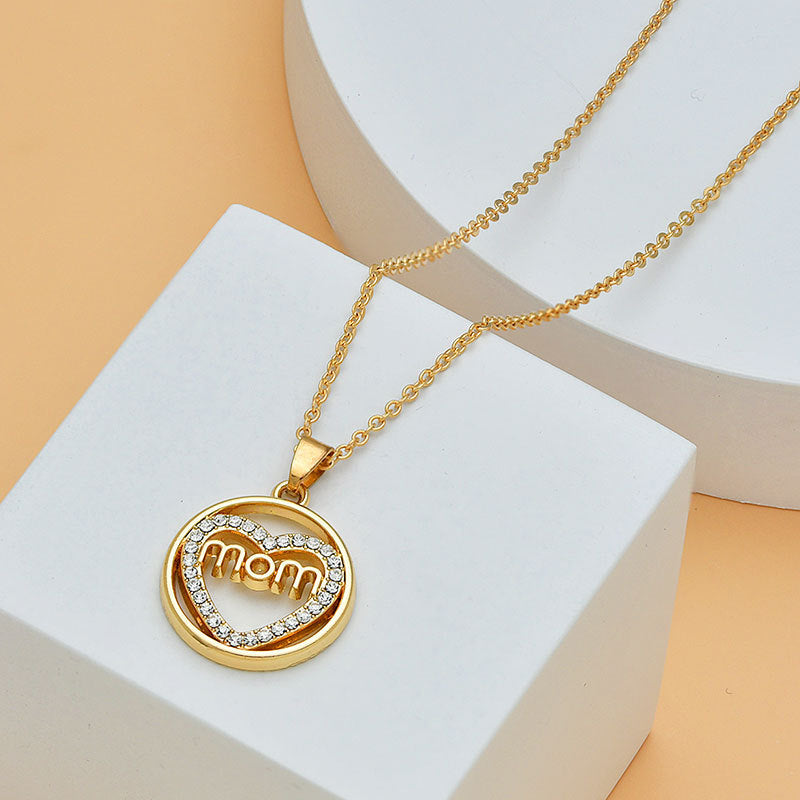 Mom Heart Shape With Diamond Letter Necklace