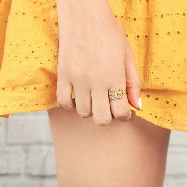 Bohemia Two-tone Sunflower Adjustable Ring