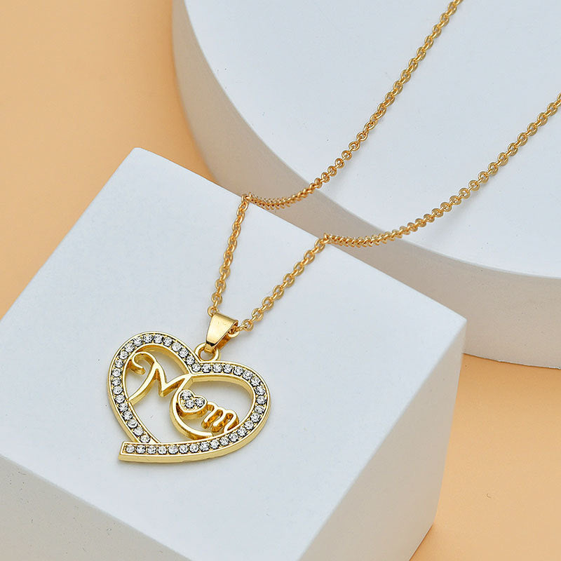 Mom Heart Shape With Diamond Letter Necklace