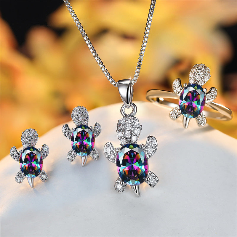 Turtle Shape Rainbow Zircon Pendant Necklace