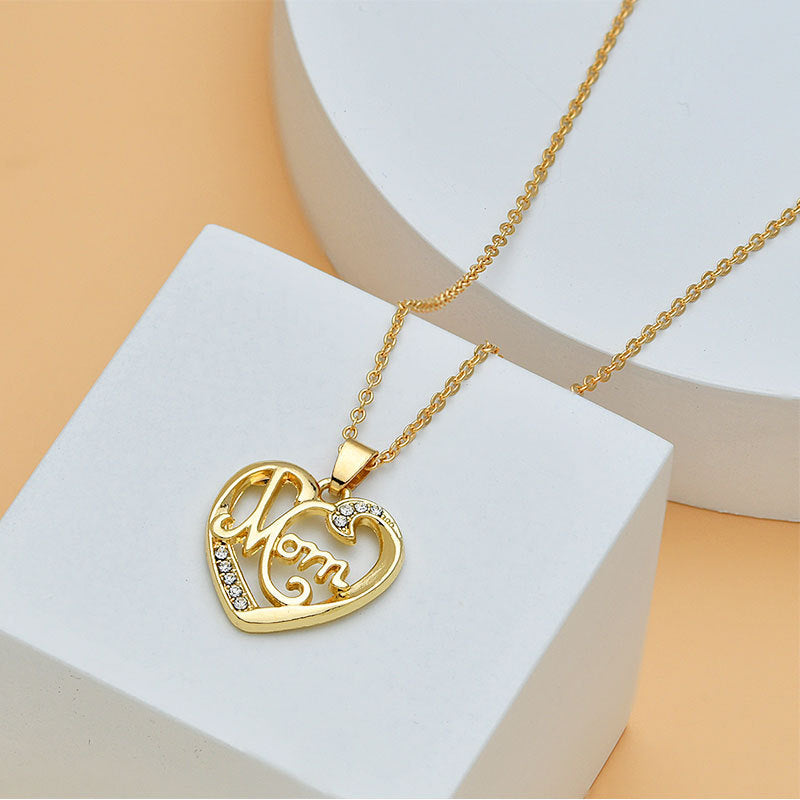 Mom Heart Shape With Diamond Letter Necklace