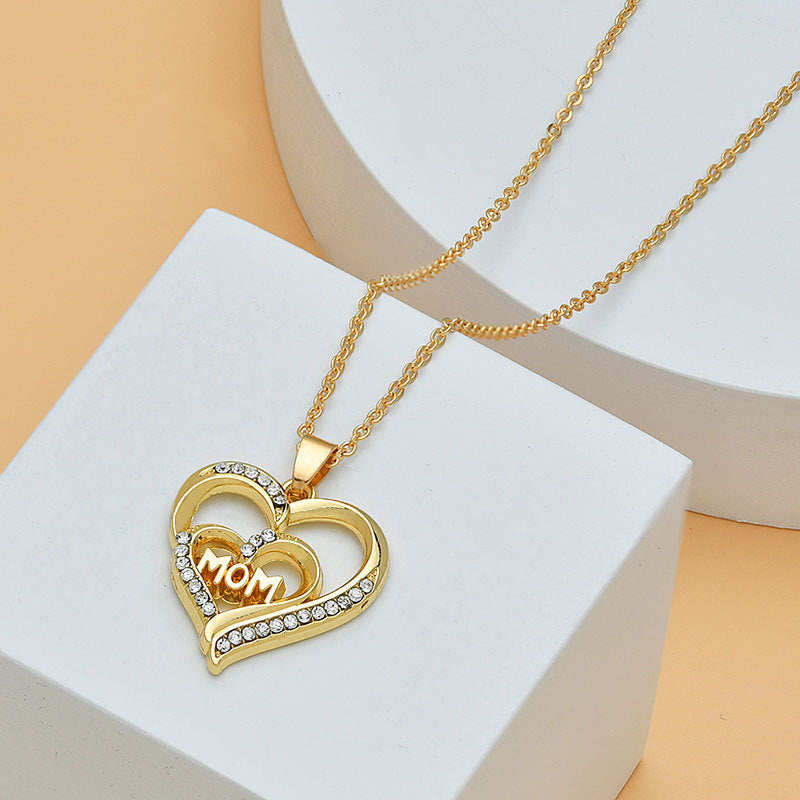 Mom Heart Shape With Diamond Letter Necklace