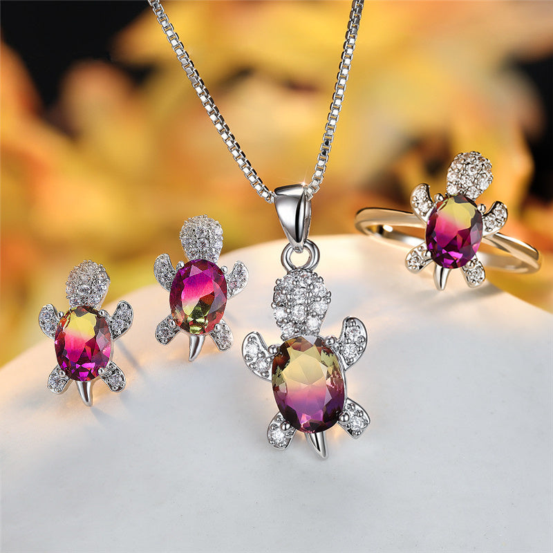 Turtle Shape Rainbow Zircon Pendant Necklace