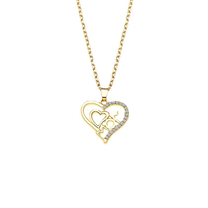 Mom Heart Shape With Diamond Letter Necklace